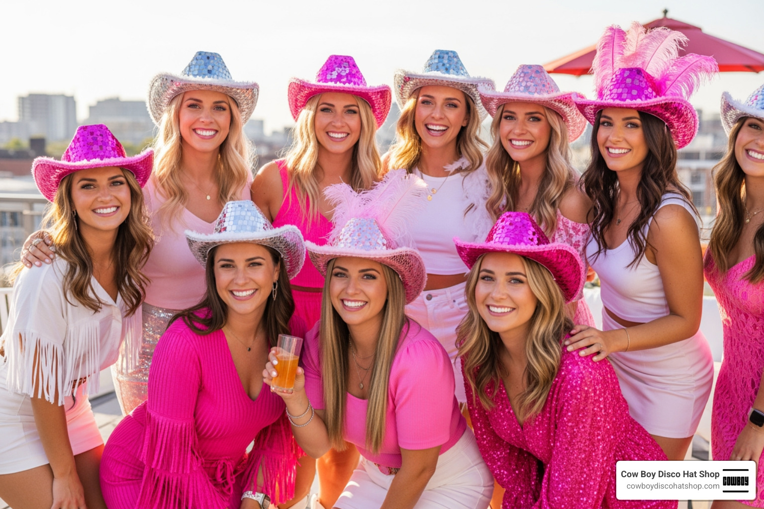 A group of friends wearing coordinated pink and white disco cowboy hats for a bachelorette party