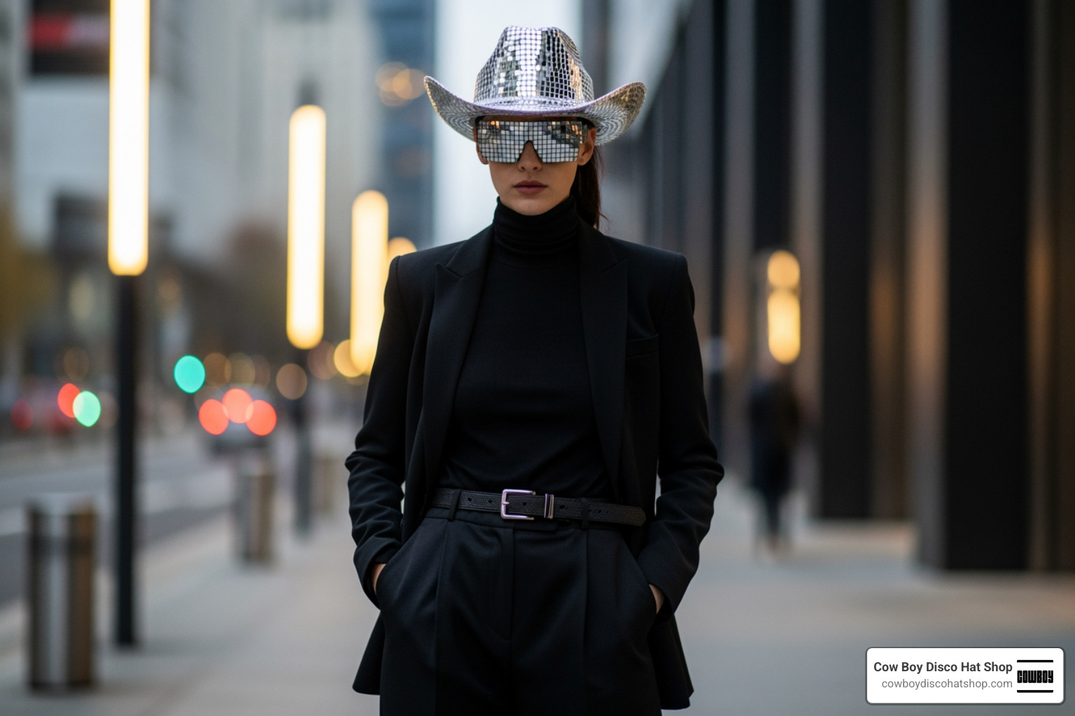 Model wearing a monochrome black outfit with a silver-tiled disco cowboy hat for a high-fashion look