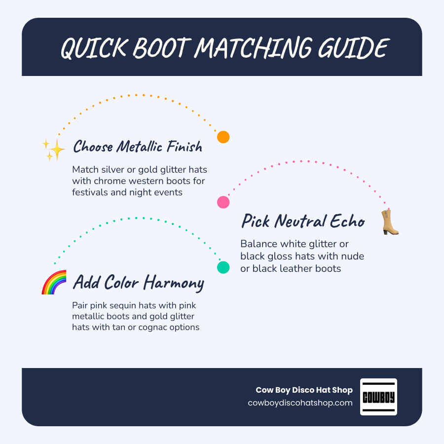 Infographic showing quick boot matching guide for disco cowboy hats by hat finish and occasion infographic