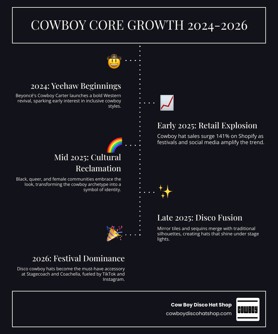Infographic showing Cowboy Core growth trajectory 2024 to 2026 with key cultural drivers and sales stats infographic