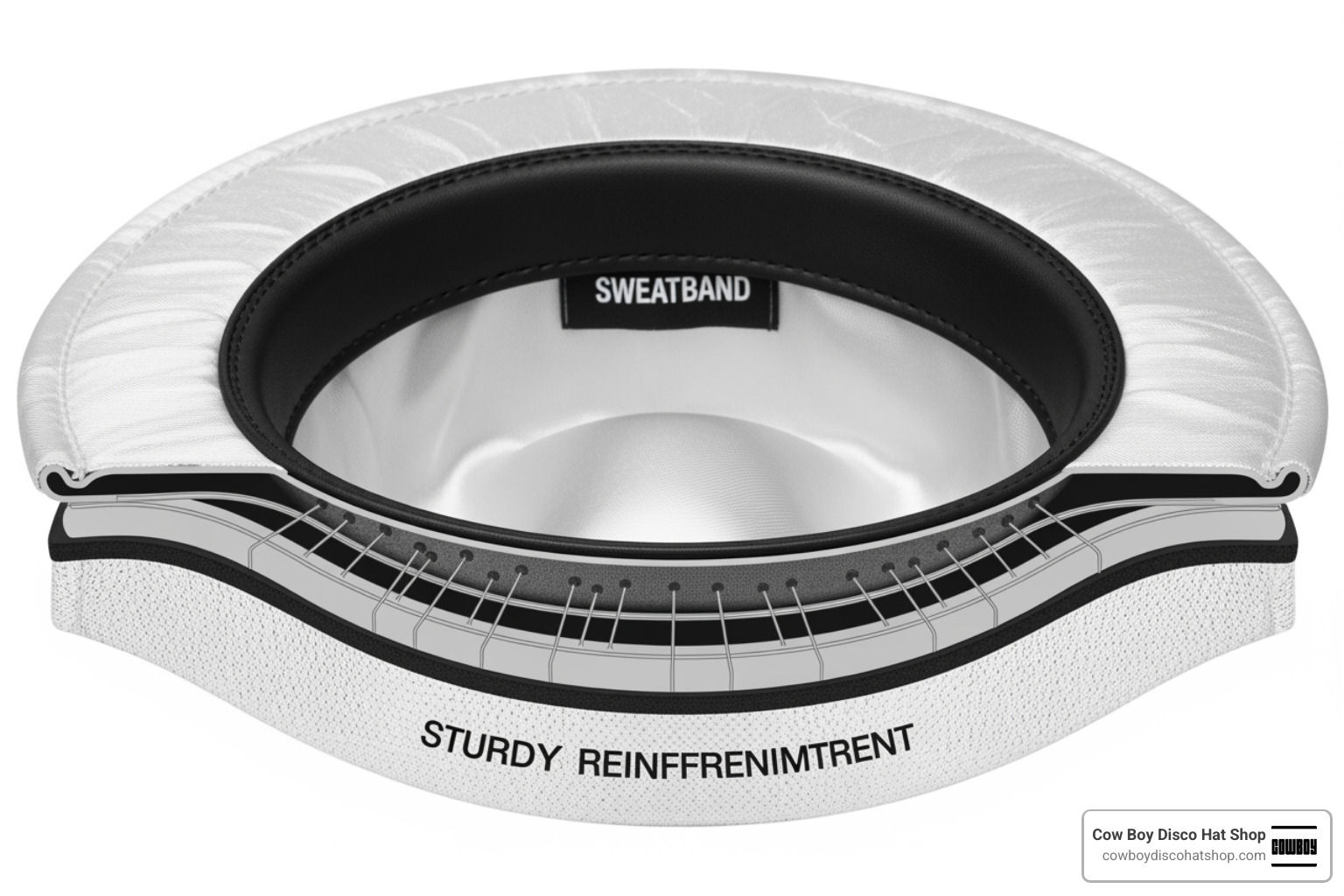 Diagram of a disco cowboy hat interior showing padded sweatband and reinforced brim