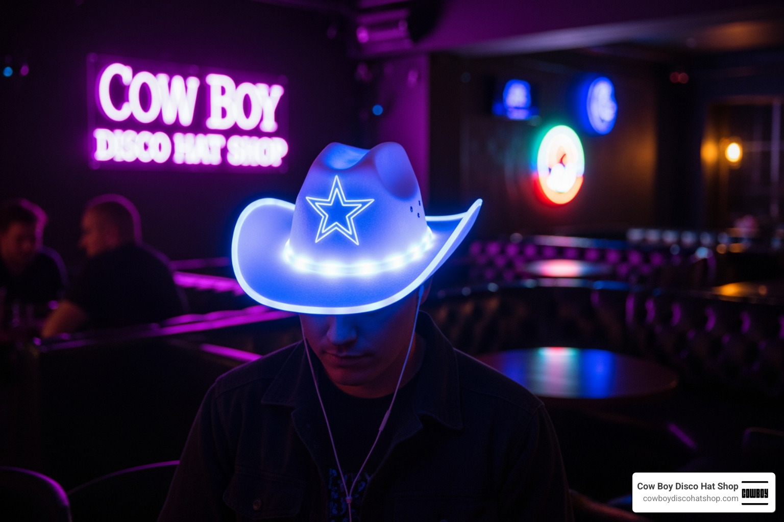 A person wearing a glowing LED cowboy hat in a dark lounge with neon accents