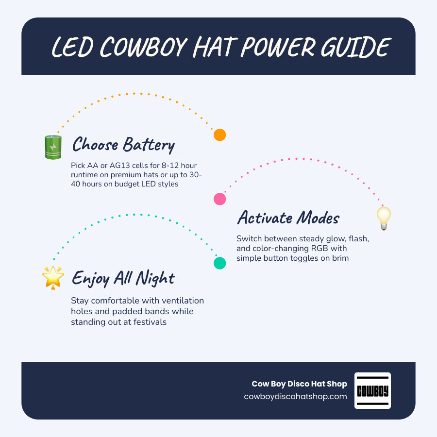 Infographic showing LED modes, battery placement, price tiers, and battery life for light-up cowboy hats infographic Infographic showing LED modes, battery placement, price tiers, and battery life for light-up cowboy hats infographic