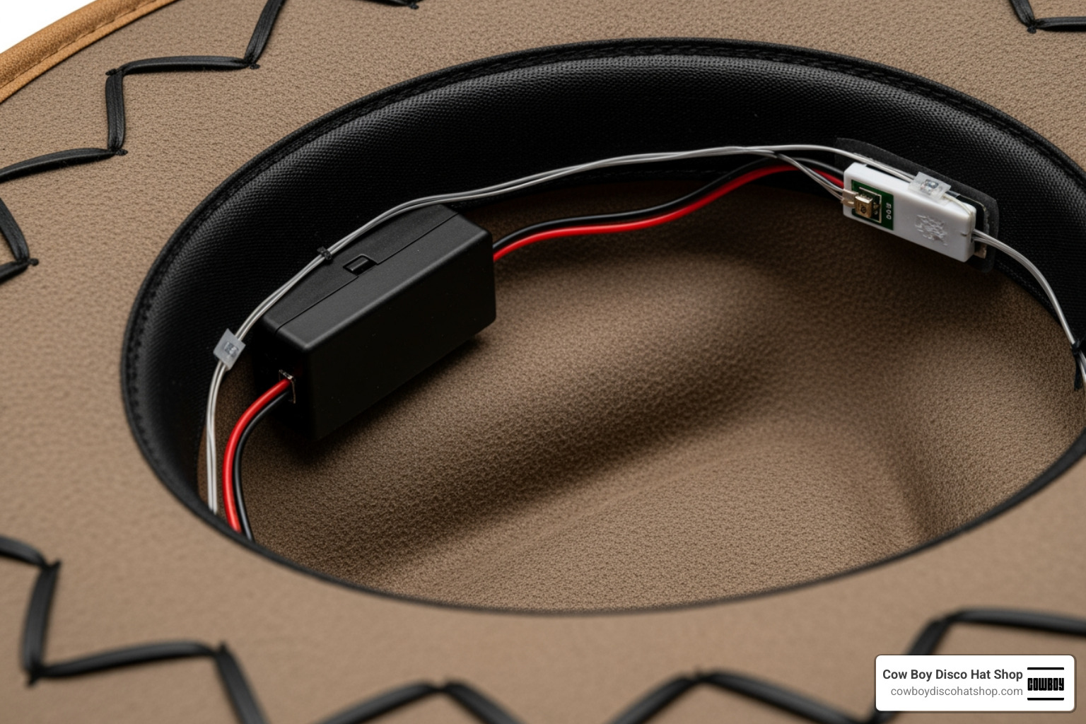 Close-up of a light-up cowboy hat interior showing the padded band and battery housing Close-up of a light-up cowboy hat interior showing the padded band and battery housing
