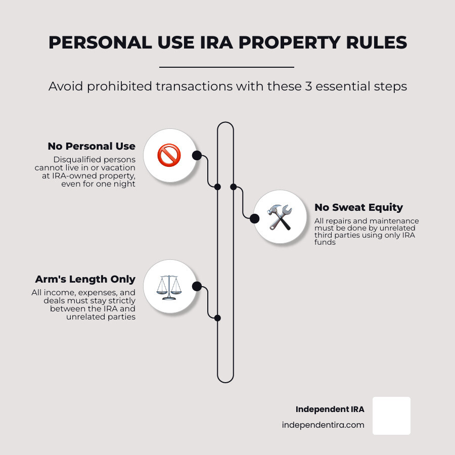 IRA personal use rules: key prohibitions, disqualified persons, and penalties summary infographic IRA personal use rules: key prohibitions, disqualified persons, and penalties summary infographic