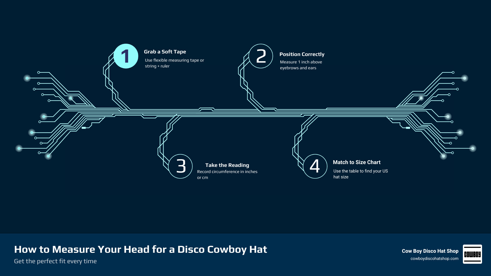 Anatomy of a disco cowboy hat including crown, brim, and internal sweatband infographic