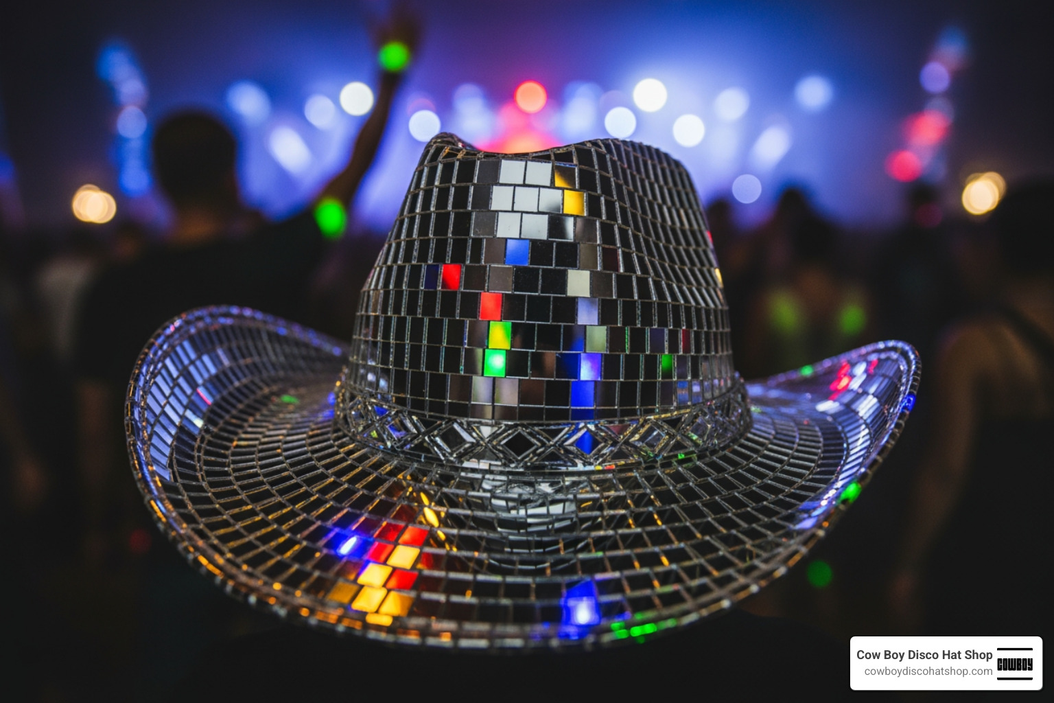 Premium silver disco cowboy hat reflecting party lights