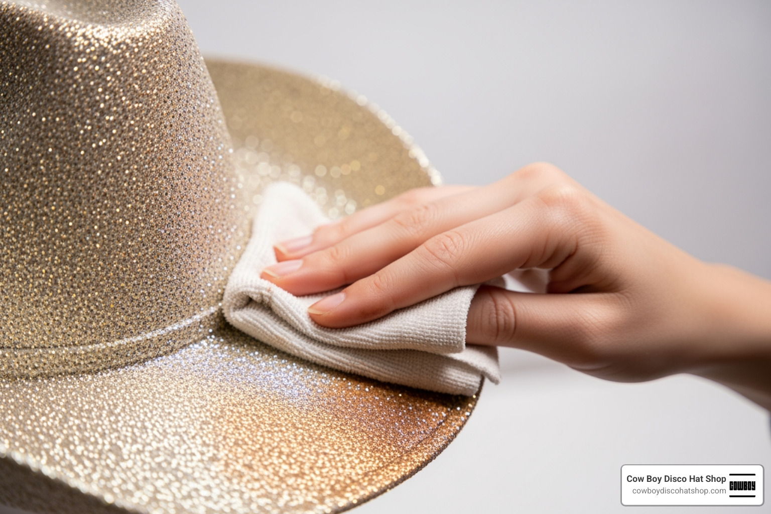 Removing makeup from a hat brim with a gentle cloth