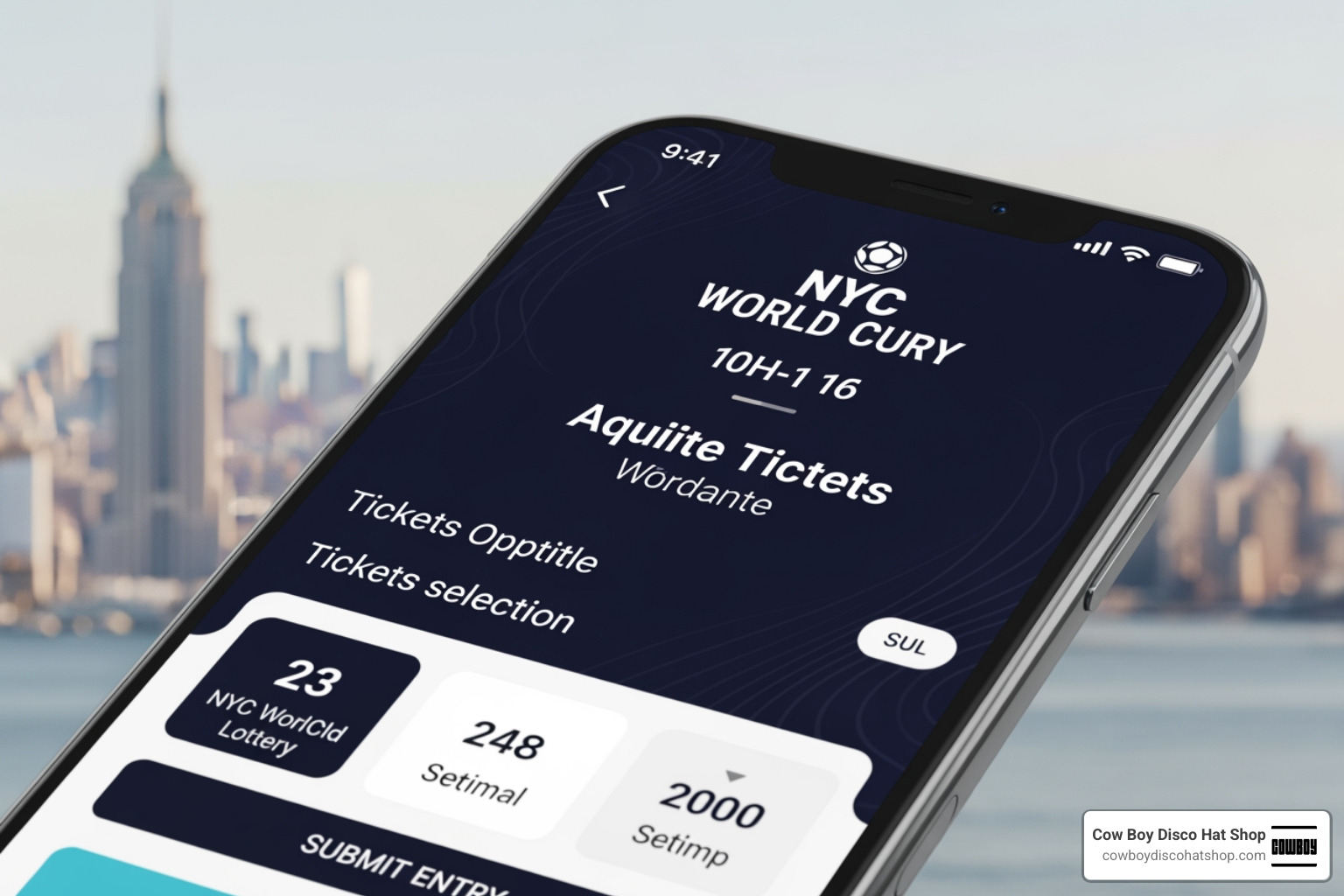 A digital lottery application screen for NYC World Cup tickets on a smartphone