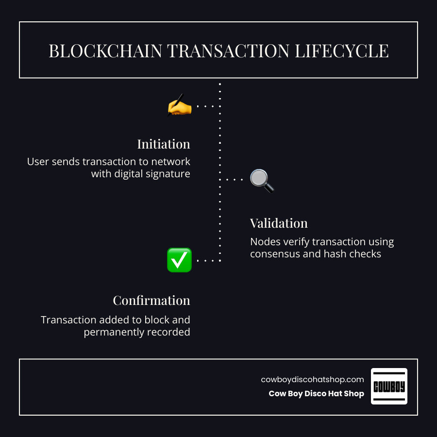 Infographic showing the lifecycle of a blockchain transaction from initiation to block confirmation infographic