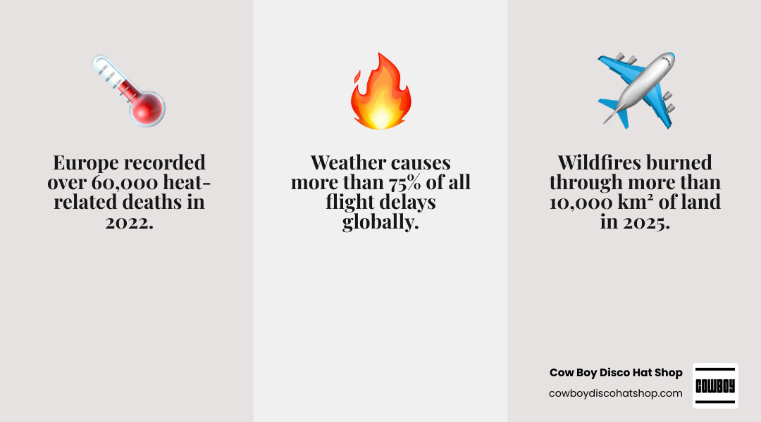 Infographic showing extreme weather impacts on global tourism: heatwaves, wildfires, floods, storms, and booking shifts