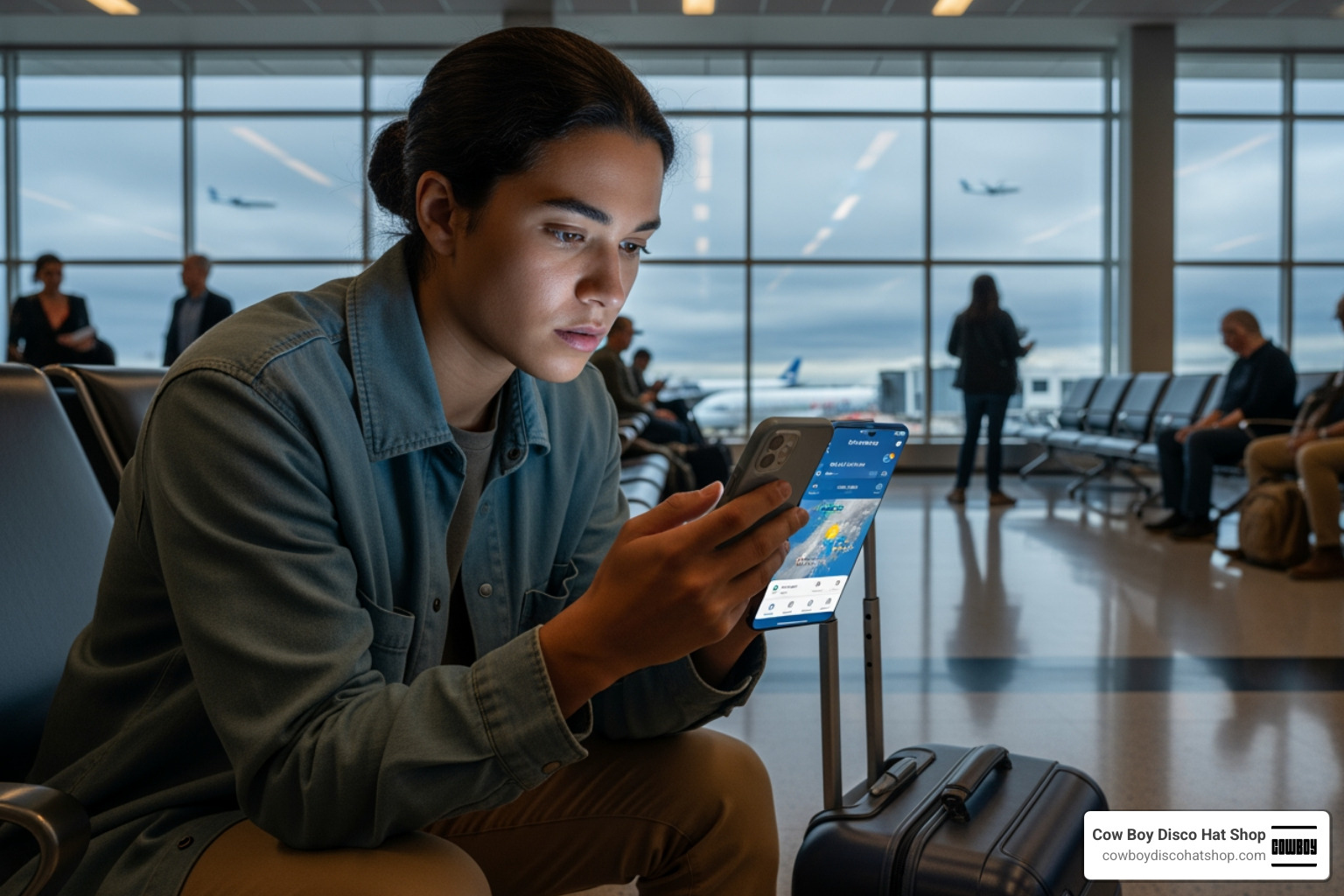 traveler checking a weather app with a concerned expression at an airport