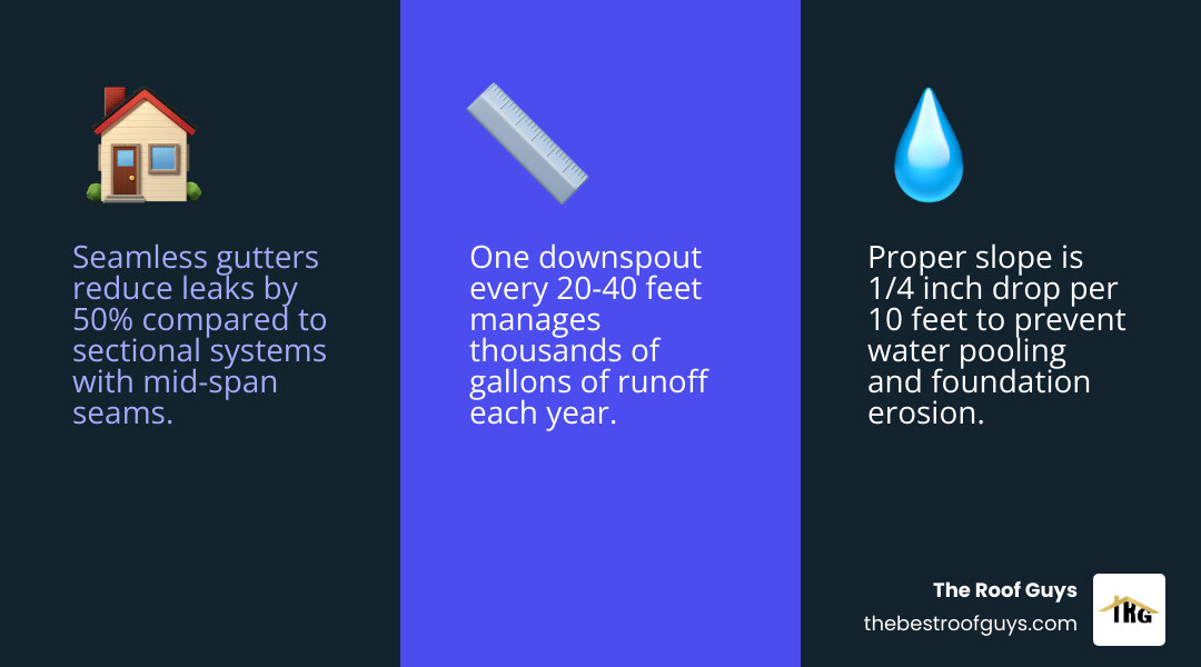 Infographic showing residential gutter installation components: fascia, hangers, slope, downspouts, and cost ranges Infographic showing residential gutter installation components: fascia, hangers, slope, downspouts, and cost ranges