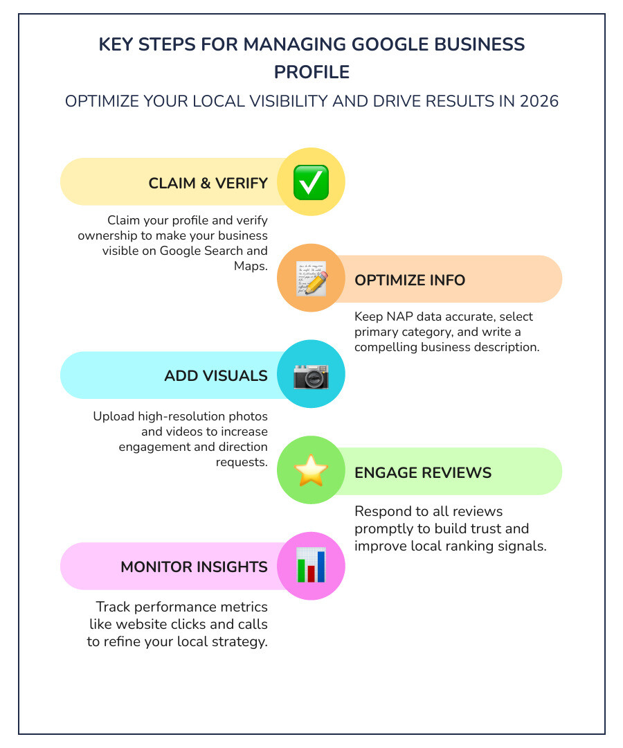Infographic showing key steps for managing Google Business Profile in 2026 local search ecosystem infographic