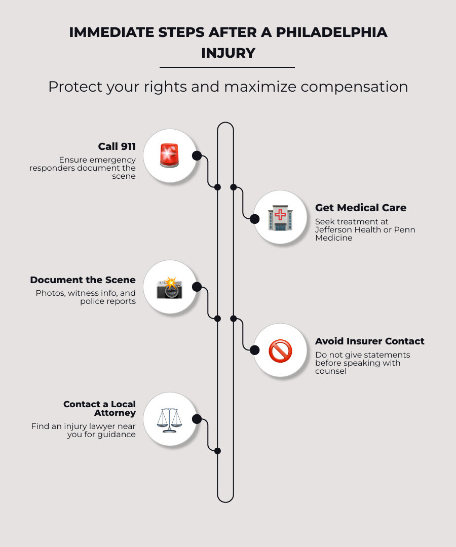 Infographic showing 5 immediate steps after a Philadelphia injury: 1. Call 911, 2. Get medical care, 3. Document the scene Infographic showing 5 immediate steps after a Philadelphia injury: 1. Call 911, 2. Get medical care, 3. Document the scene