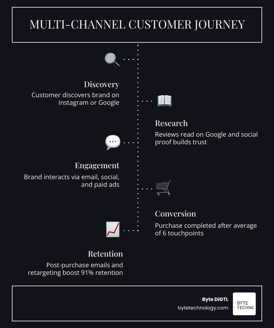 Multi-channel marketing ecosystem showing channels, touchpoints, and customer journey stages infographic