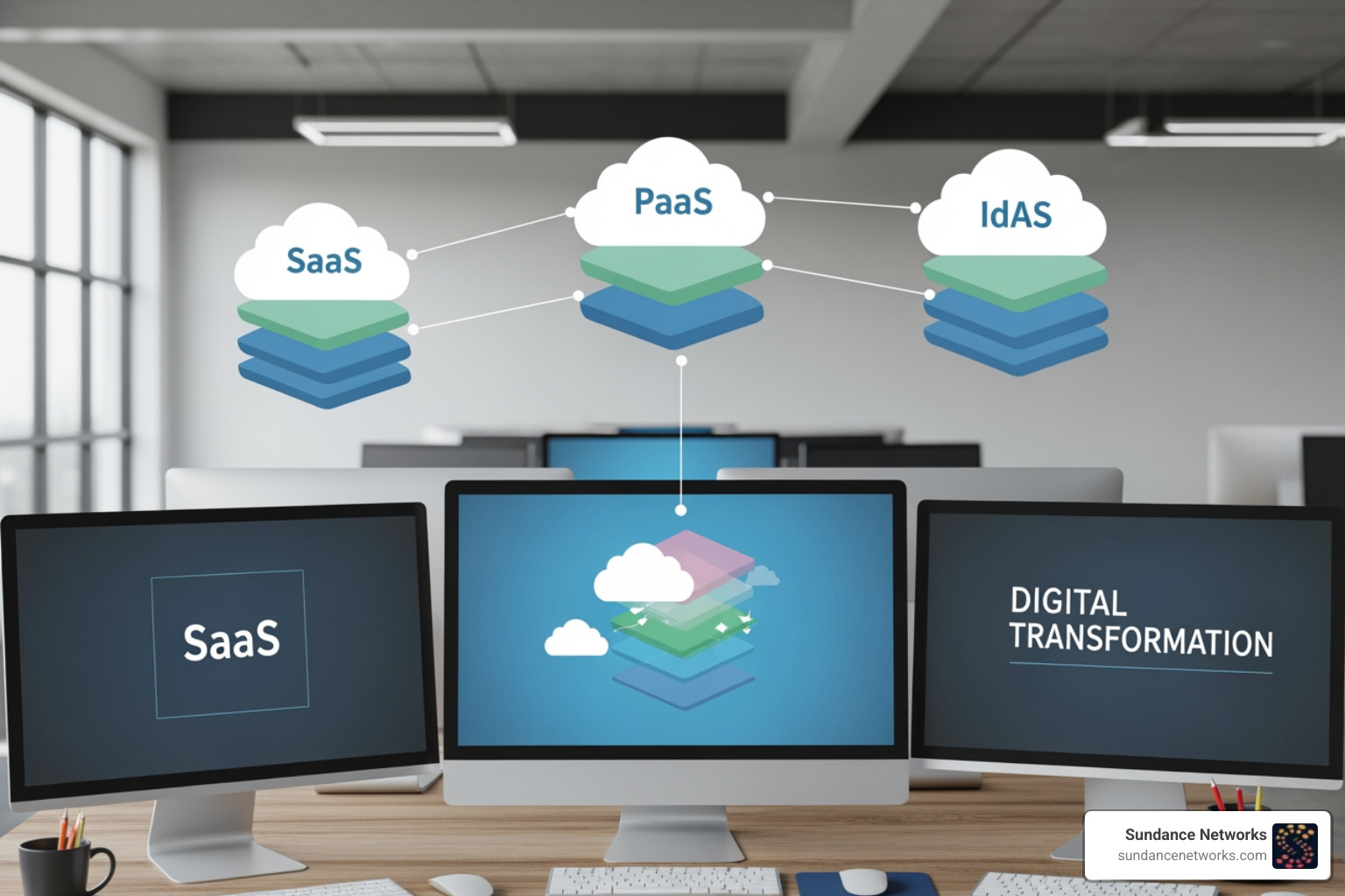 Digital transformation architecture showing SaaS, PaaS, and IaaS layers