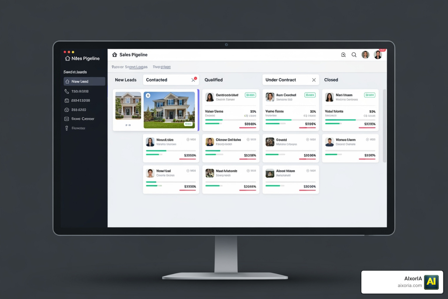 Real estate sales pipeline dashboard showing lead stages