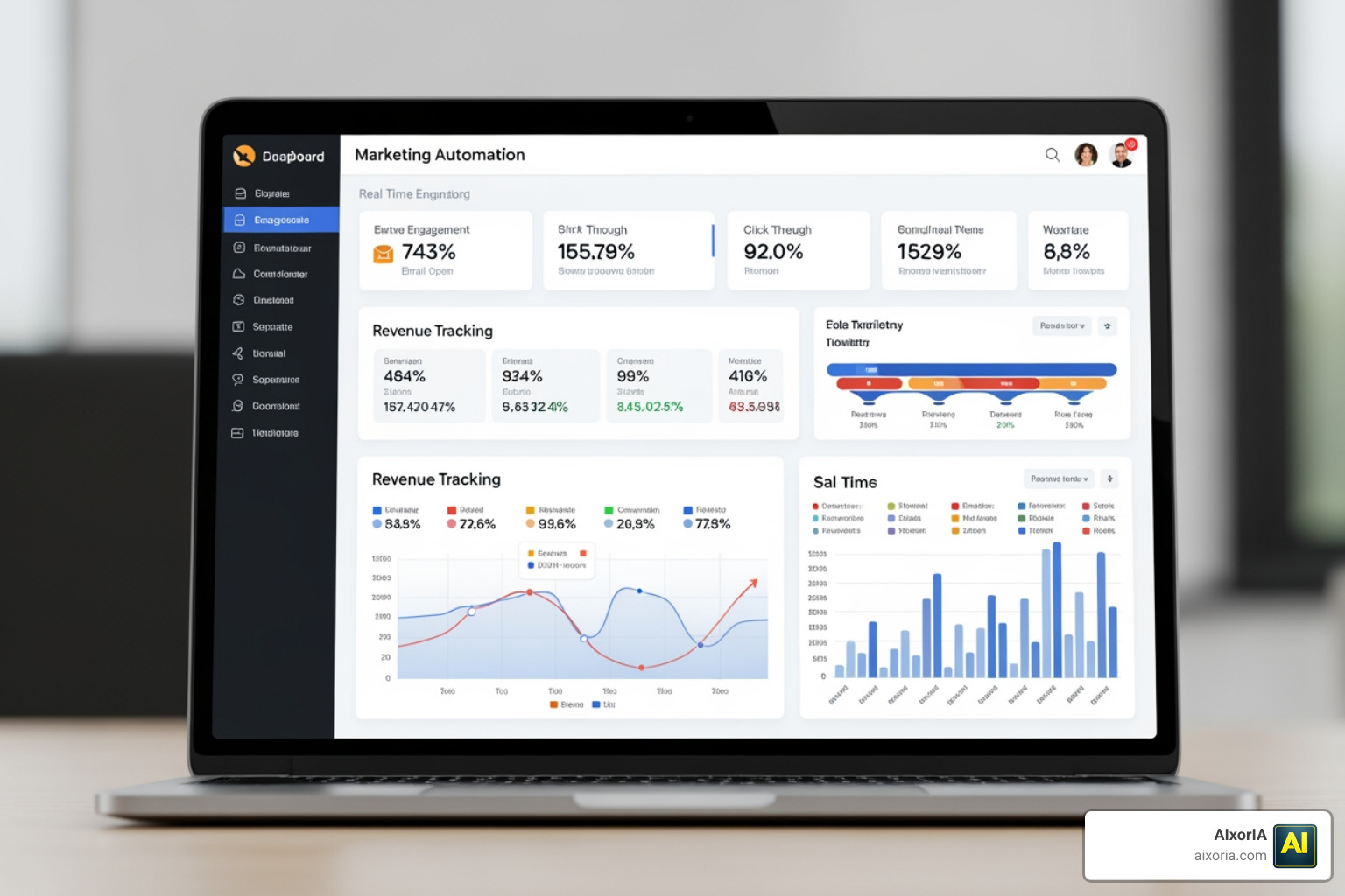 A modern marketing automation dashboard showing real-time engagement stats and revenue tracking