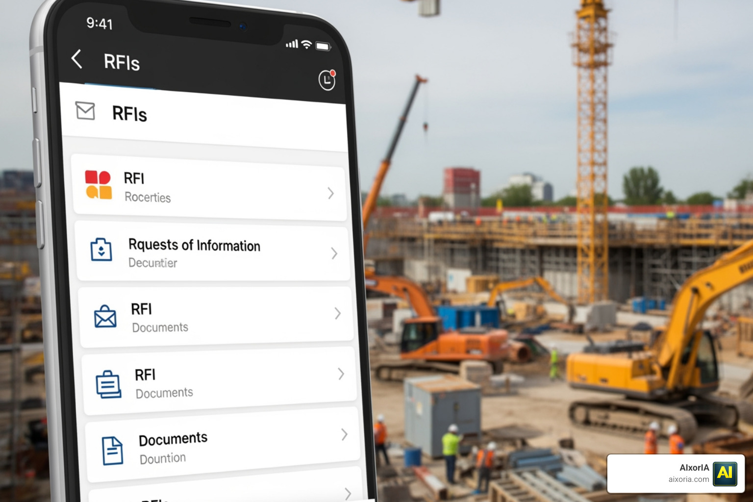 mobile app interface showing construction RFIs and document list