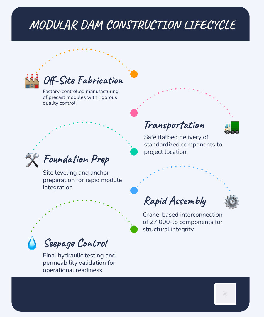 Infographic explaining the modular construction lifecycle from factory fabrication to on-site assembly and operation