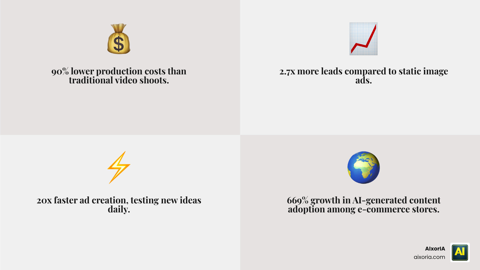 Infographic showing 90% cost savings and 2.7x more leads using AI ad generators infographic