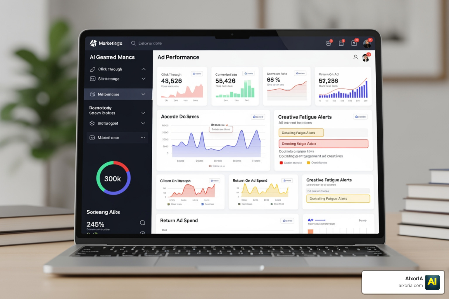 Marketing dashboard showing AI-generated ad performance and creative fatigue alerts