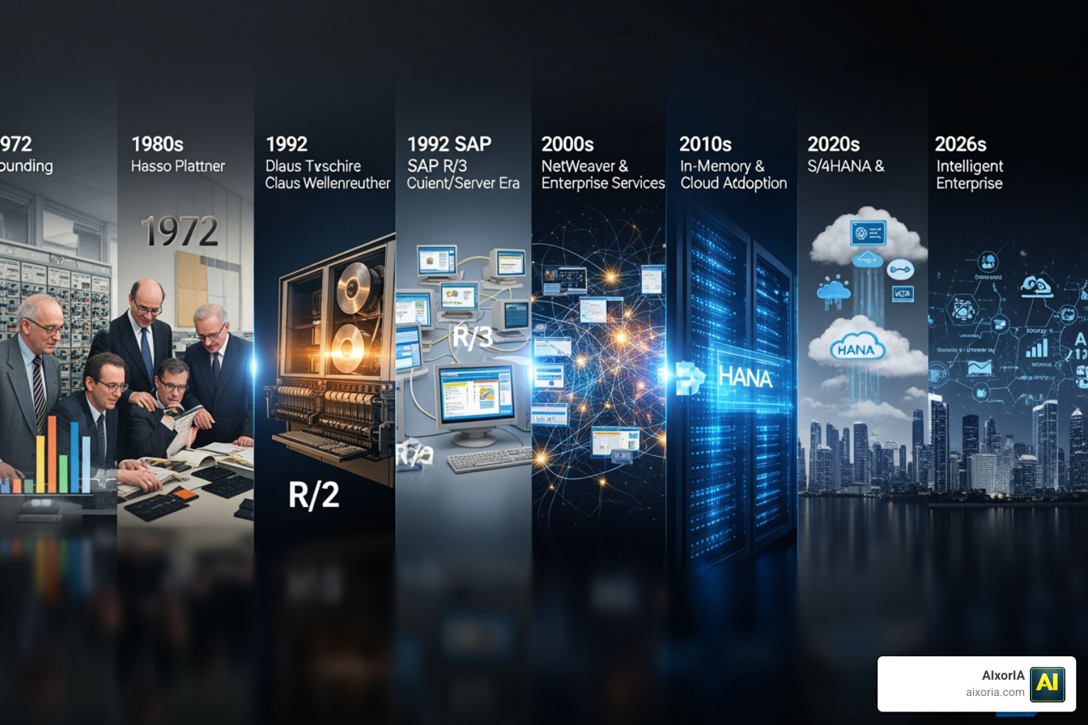 Timeline showing SAP's history from its founding in 1972 through to the AI-driven era of 2026