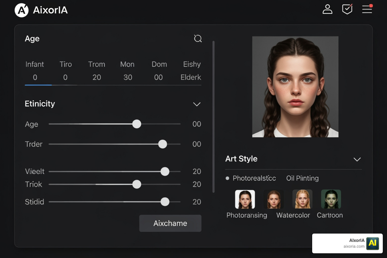 A modern customization dashboard showing sliders for age, ethnicity, and style