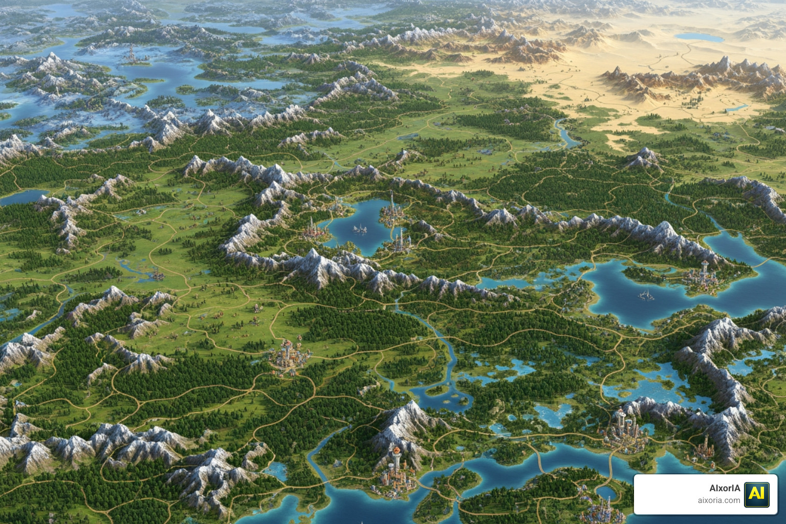 An AI-generated fantasy world map with detailed biomes and city markers