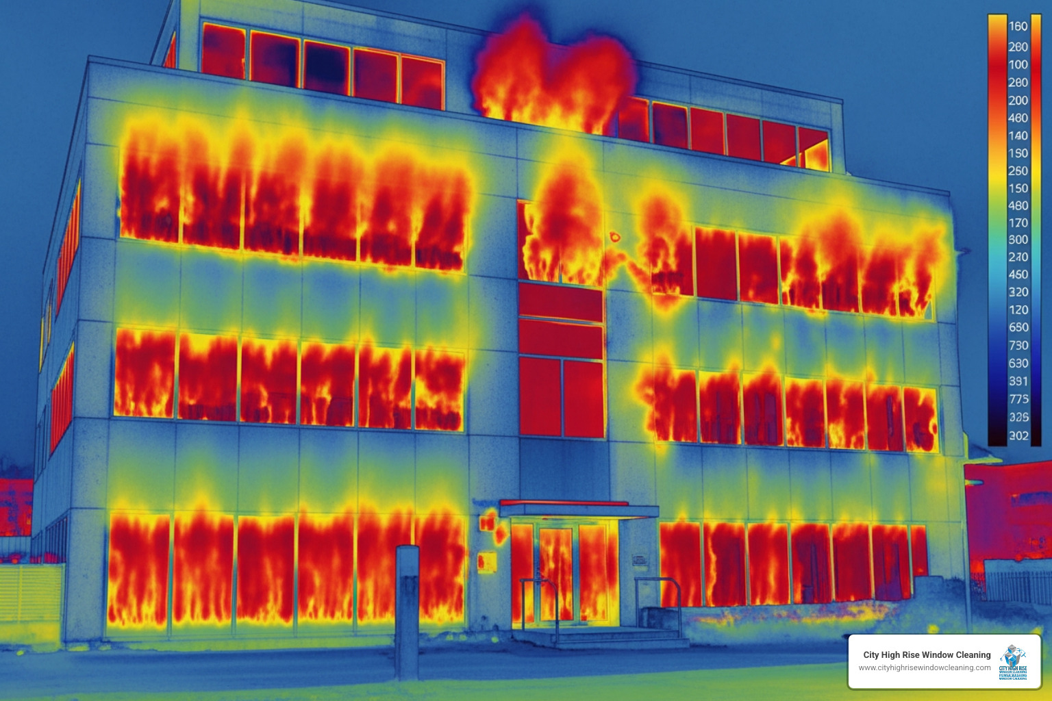 Thermal scan showing significant heat loss through a commercial building facade Thermal scan showing significant heat loss through a commercial building facade