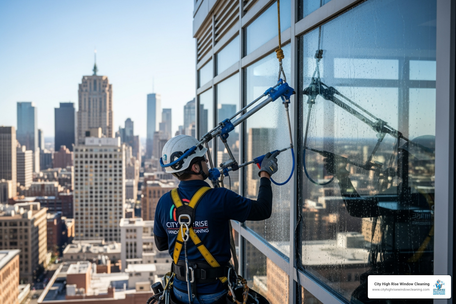 Technician performing a water penetration test on a commercial window assembly Technician performing a water penetration test on a commercial window assembly