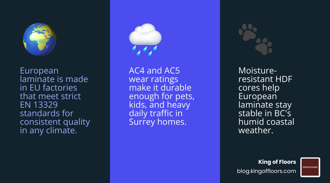 Infographic showing European laminate manufacturing standards and why they suit BC climates infographic