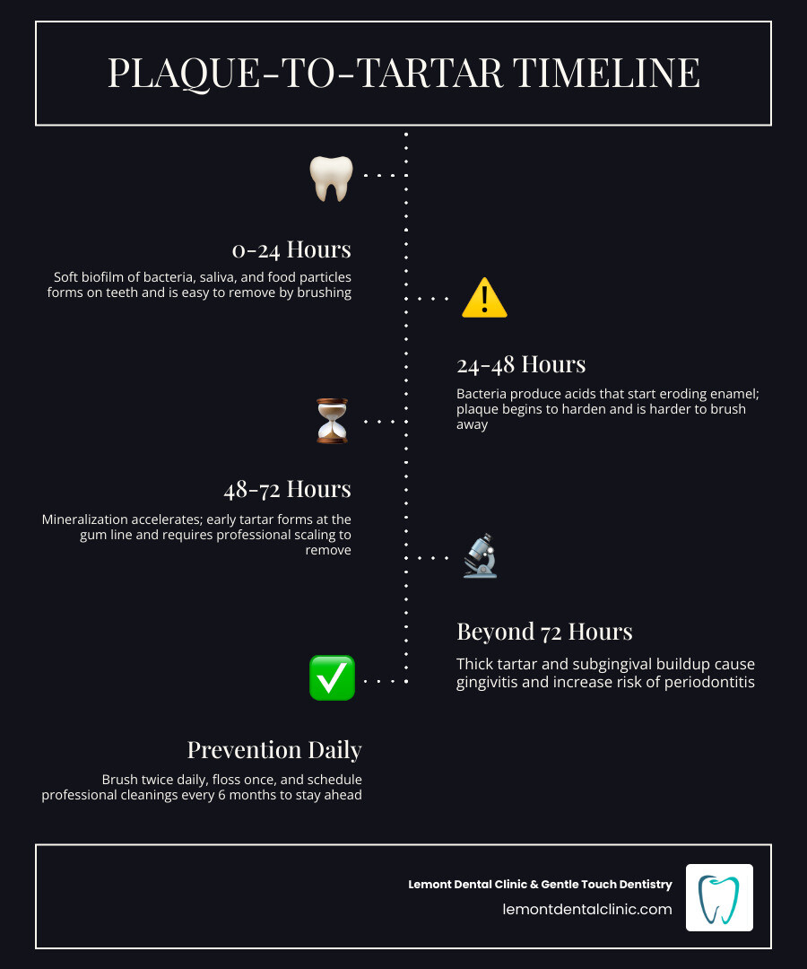 Infographic showing the 24-hour plaque-to-tartar transformation timeline with stages and removal methods infographic