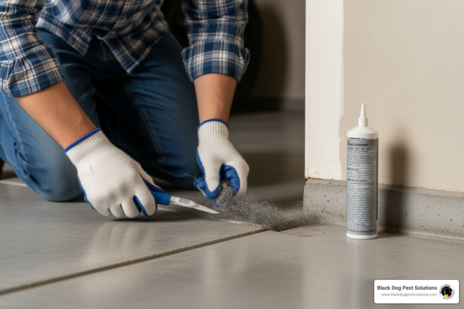 Homeowner sealing a gap near a garage floor with steel wool and caulk Homeowner sealing a gap near a garage floor with steel wool and caulk