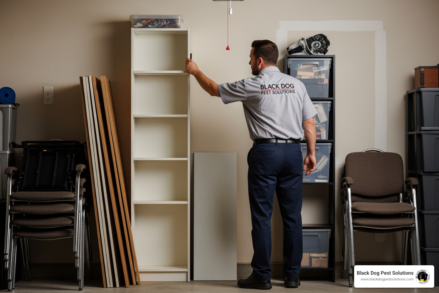 Professional pest technician inspecting a garage for rodent entry points Professional pest technician inspecting a garage for rodent entry points