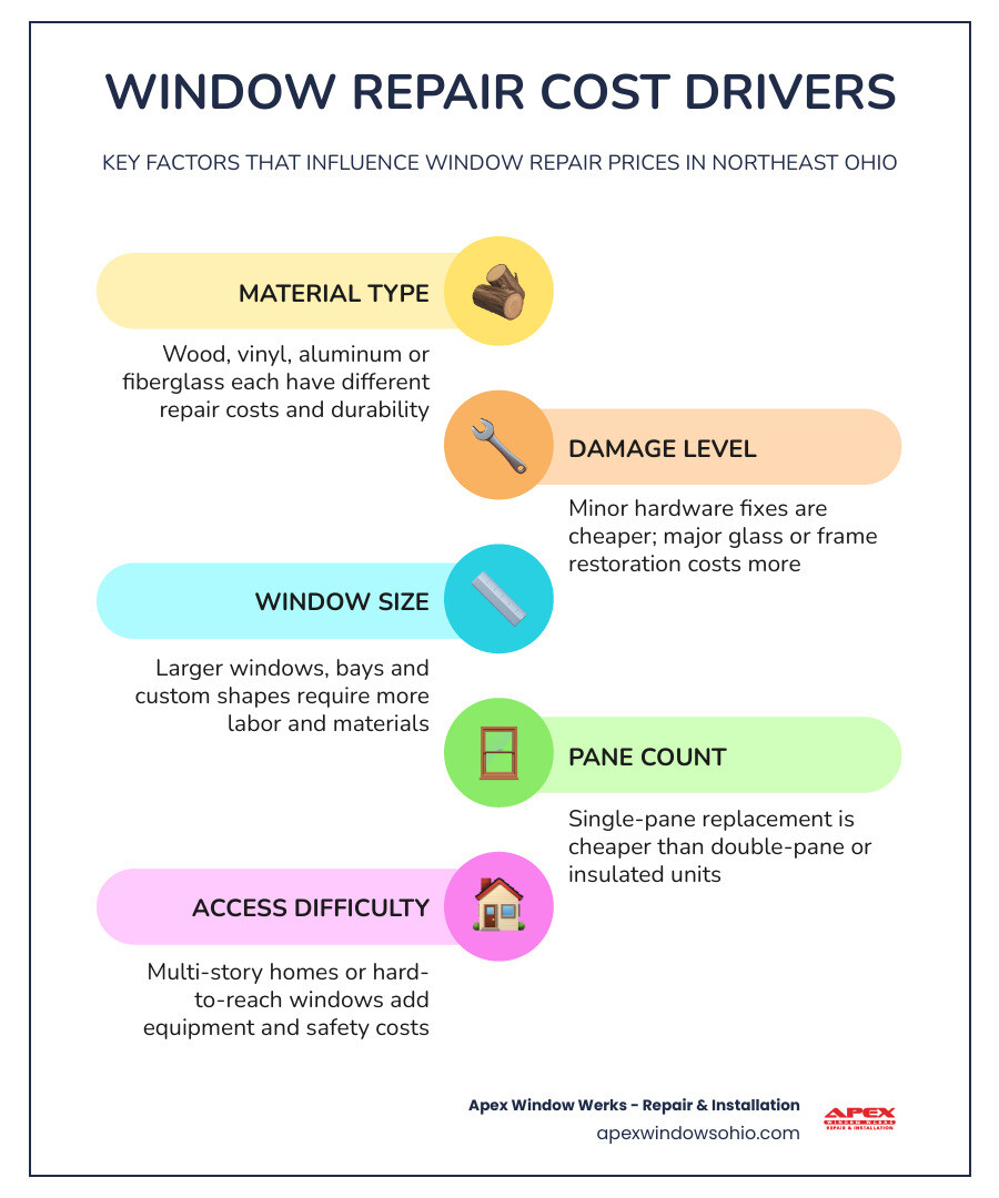 Infographic showing window repair cost factors: type of repair, material, size, pane count, and accessibility infographic Infographic showing window repair cost factors: type of repair, material, size, pane count, and accessibility infographic