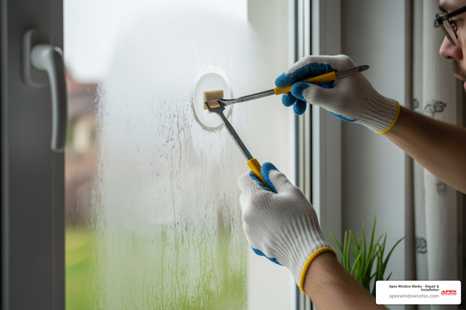 Technician using specialized tools to repair a foggy window pane Technician using specialized tools to repair a foggy window pane