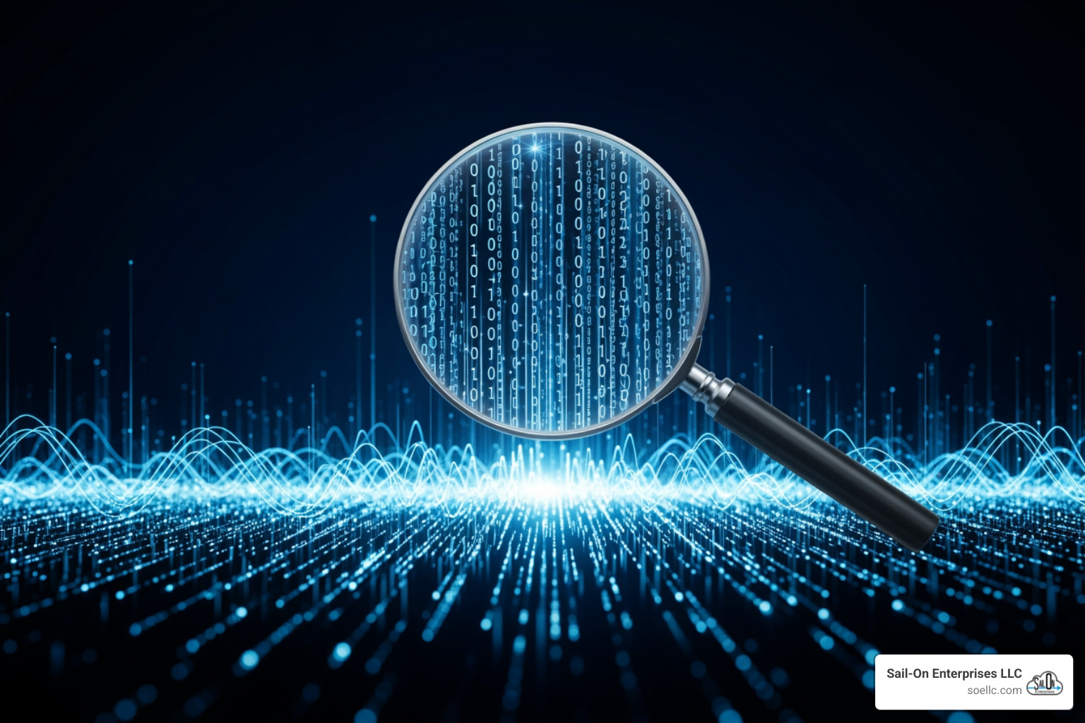 Digital magnifying glass over cyber data representing threat intelligence Digital magnifying glass over cyber data representing threat intelligence