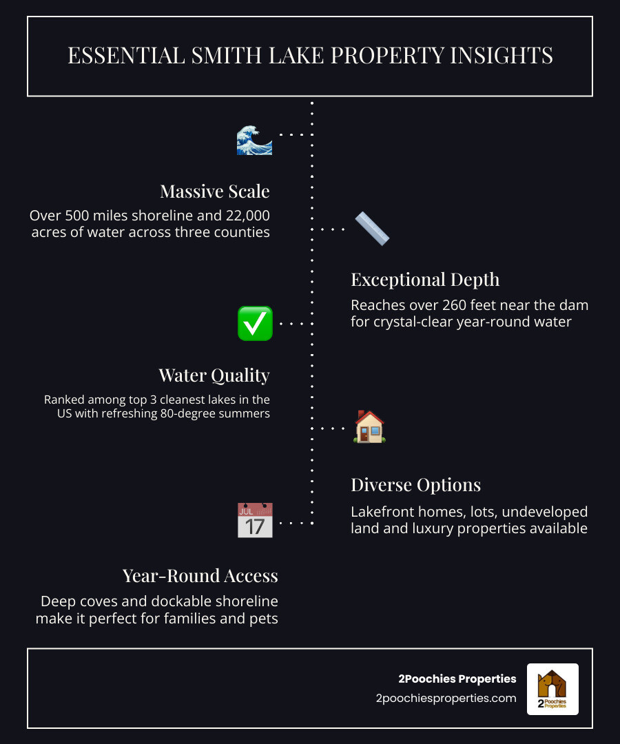 Smith Lake property guide infographic showing lake regions, key facts, and property types infographic