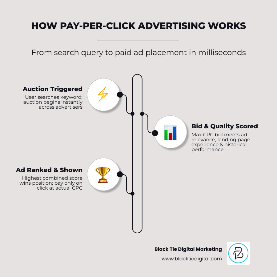 Infographic showing PPC ad types, auction process, bidding factors, and campaign ROI benchmarks infographic Infographic showing PPC ad types, auction process, bidding factors, and campaign ROI benchmarks infographic