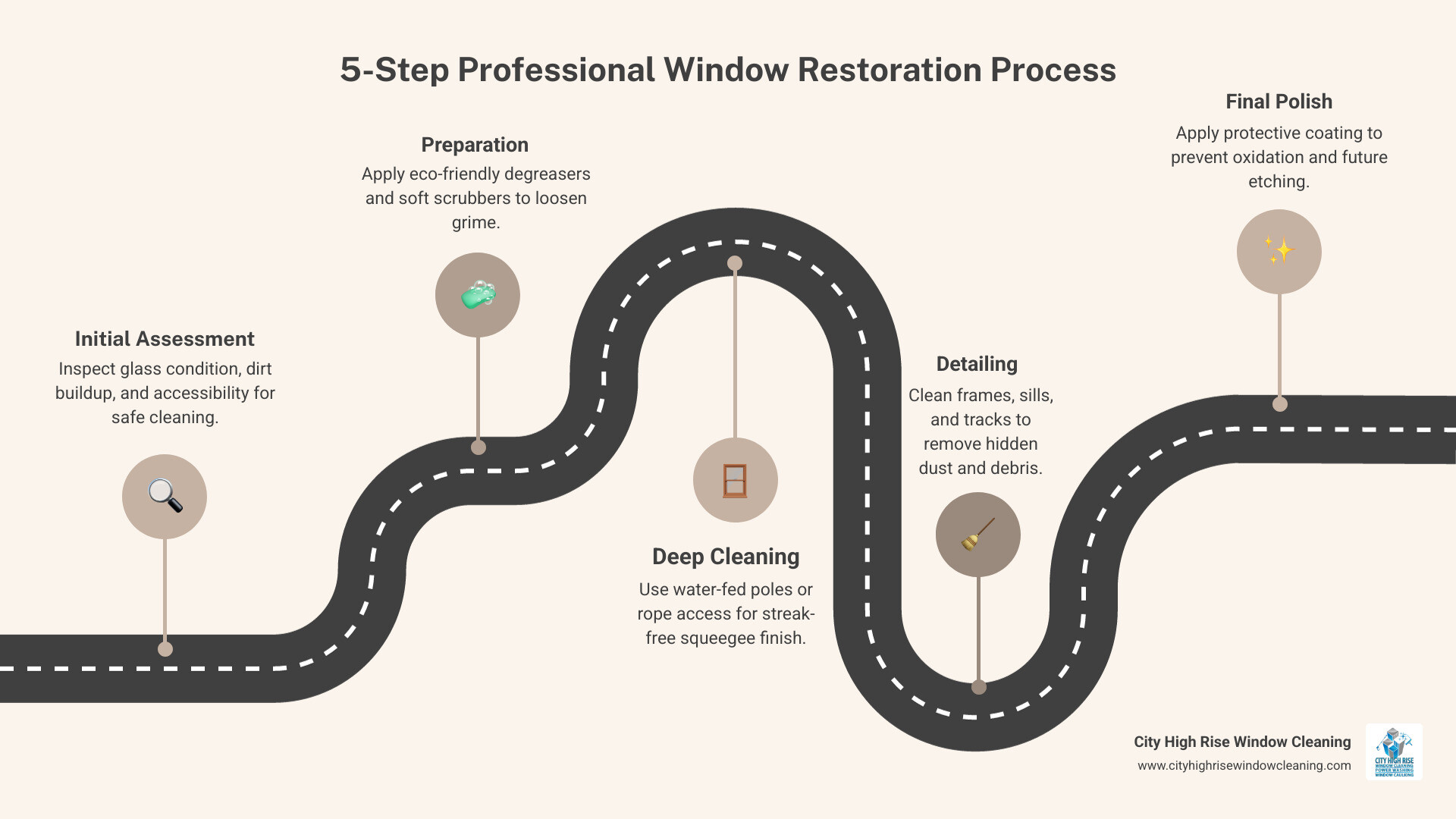 Infographic showing the 5-step professional window restoration process infographic Infographic showing the 5-step professional window restoration process infographic