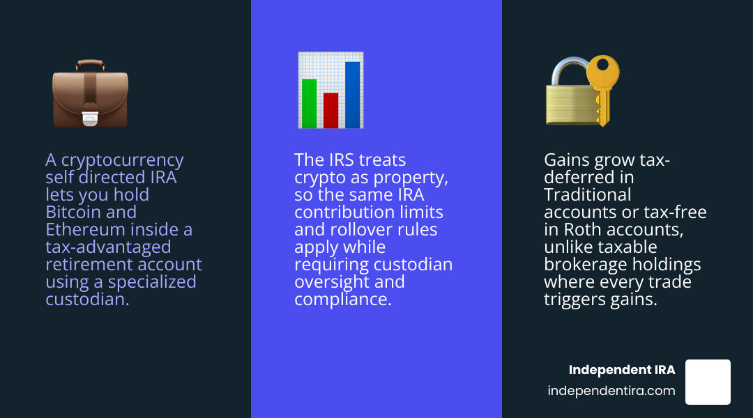 How a cryptocurrency self-directed IRA works: structure, tax types, funding, and IRS rules infographic How a cryptocurrency self-directed IRA works: structure, tax types, funding, and IRS rules infographic