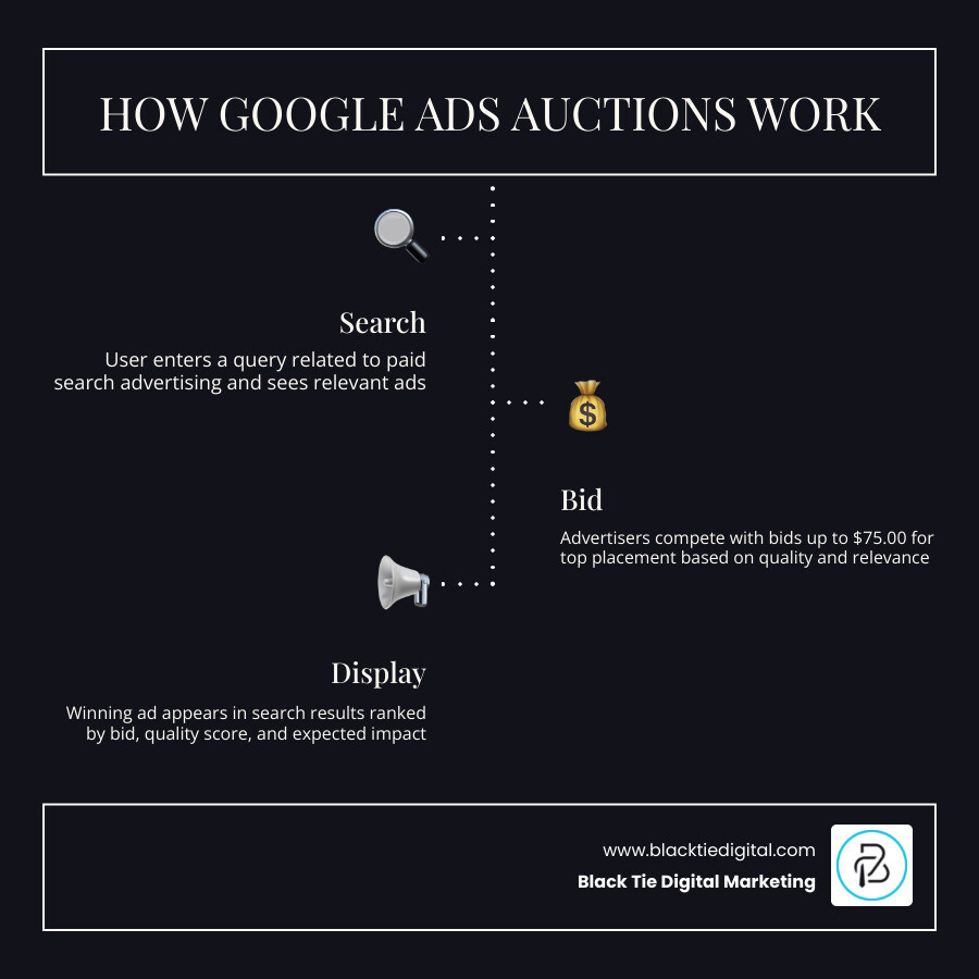 Diagram of the Google Ads auction process showing Bid x Quality Score = Ad Rank Diagram of the Google Ads auction process showing Bid x Quality Score = Ad Rank