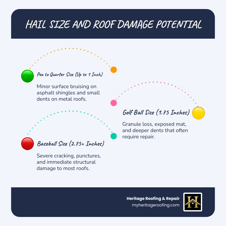 Infographic showing hail size vs roof damage potential from pea-sized to baseball-sized hailstones infographic Infographic showing hail size vs roof damage potential from pea-sized to baseball-sized hailstones infographic