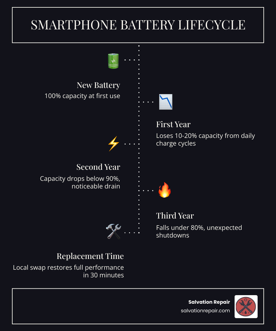 Smartphone and laptop battery lifecycle infographic showing charge cycles, degradation stages, and replacement indicators
