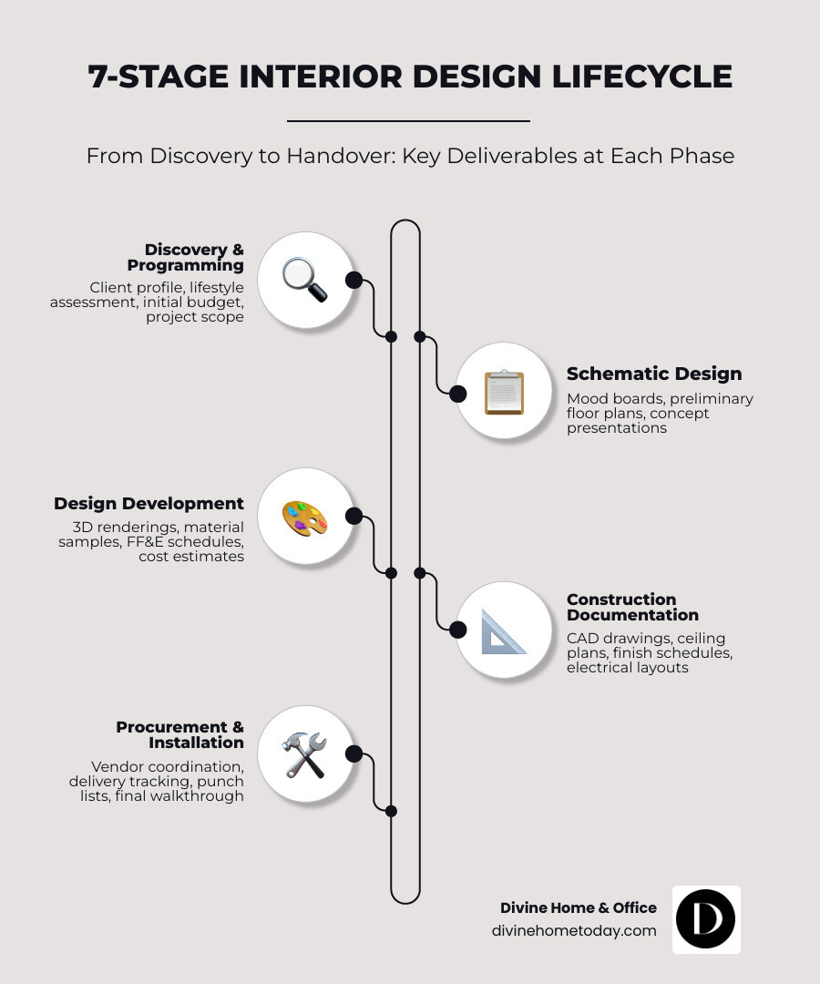 7-stage interior design lifecycle from discovery to handover with deliverables at each phase infographic 7-stage interior design lifecycle from discovery to handover with deliverables at each phase infographic