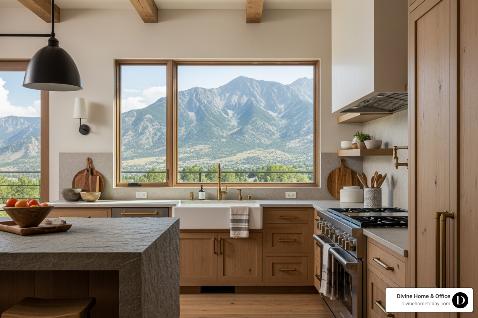 high-definition 3D rendering of a modern mountain kitchen with stone countertops and natural wood cabinetry high-definition 3D rendering of a modern mountain kitchen with stone countertops and natural wood cabinetry