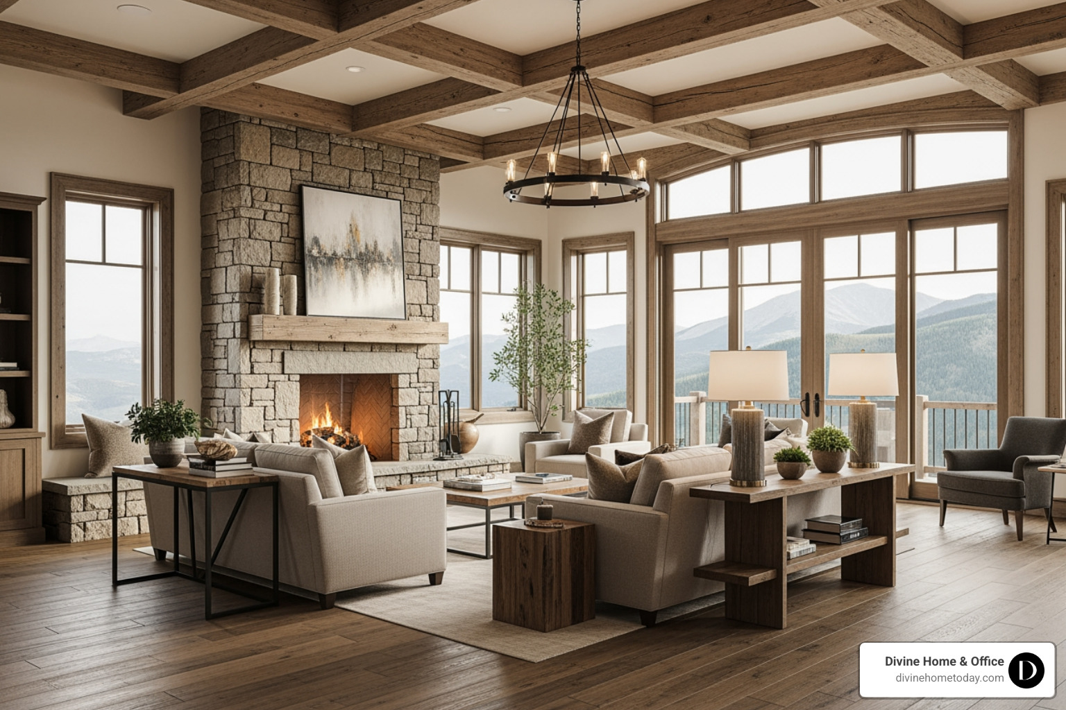 interior designer styling a modern rustic living room with textured pillows and Colorado-inspired accents interior designer styling a modern rustic living room with textured pillows and Colorado-inspired accents