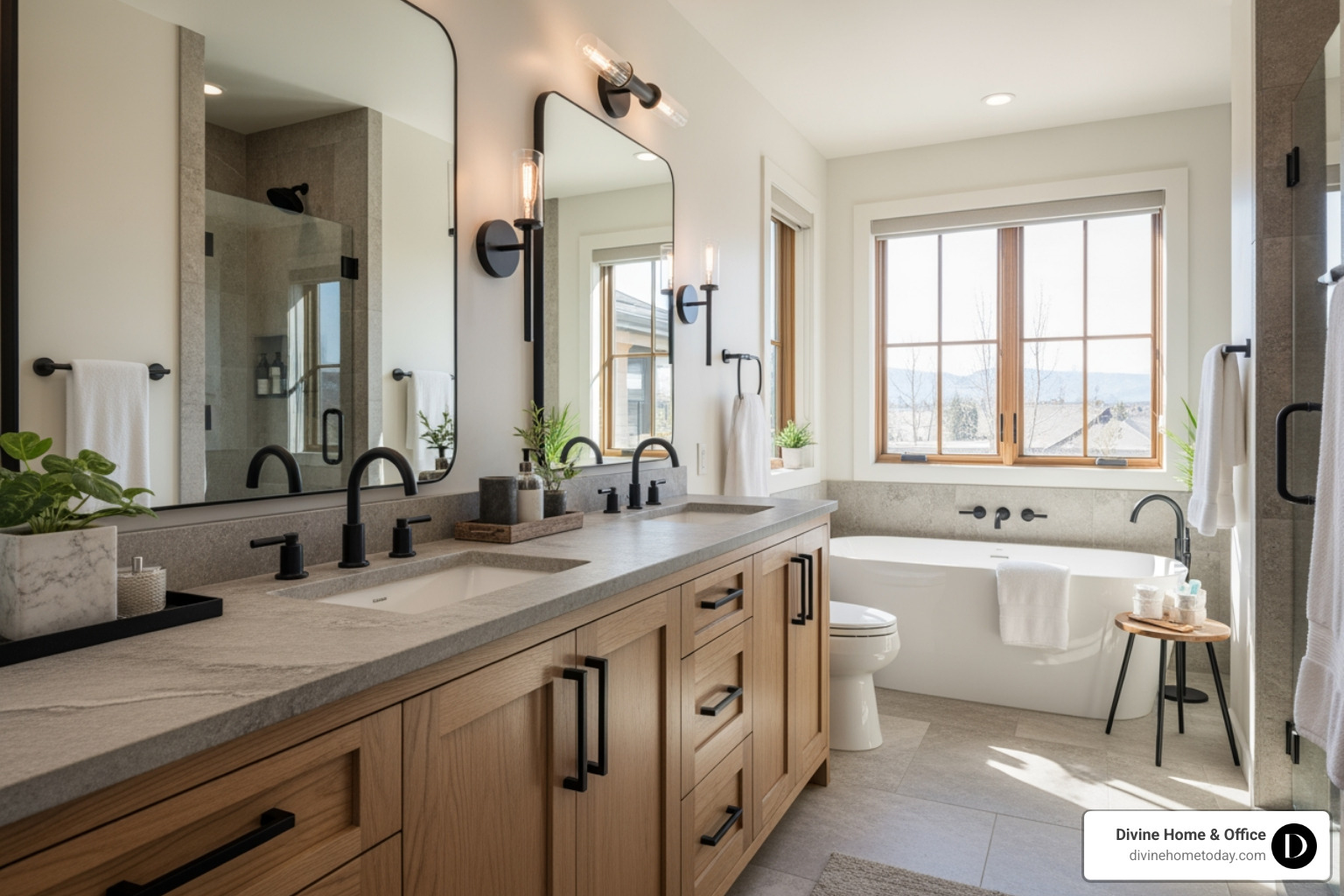 Spa-like modern mountain bathroom in a Denver luxury home, stone counters, natural wood vanity, matte black hardware